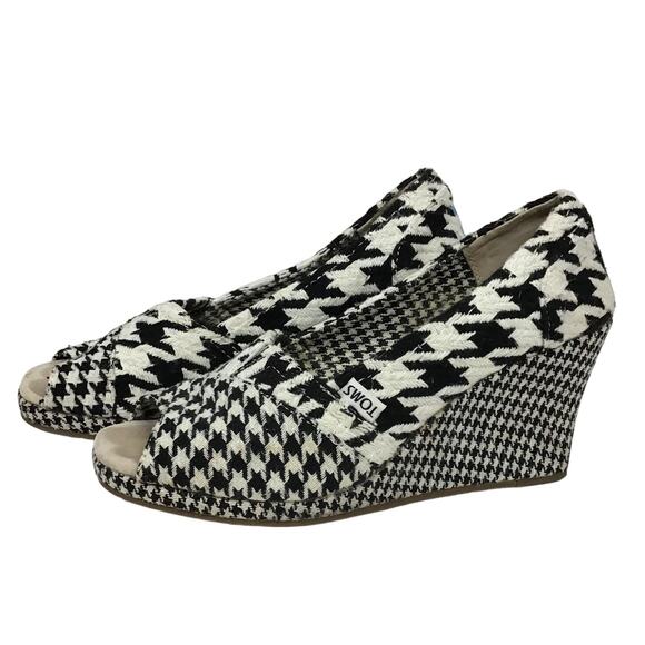 TOMS Scottish Houndstooth Wedges Peep Toe Black White Tweed Plaid sz 6 - Picture 12 of 13